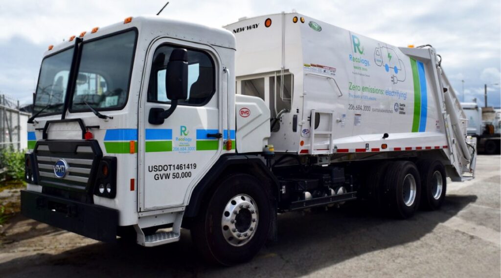 An electric refuse truck manufactured by LA County-based BYD