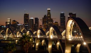 Sixth Street Bridge at dusk. 